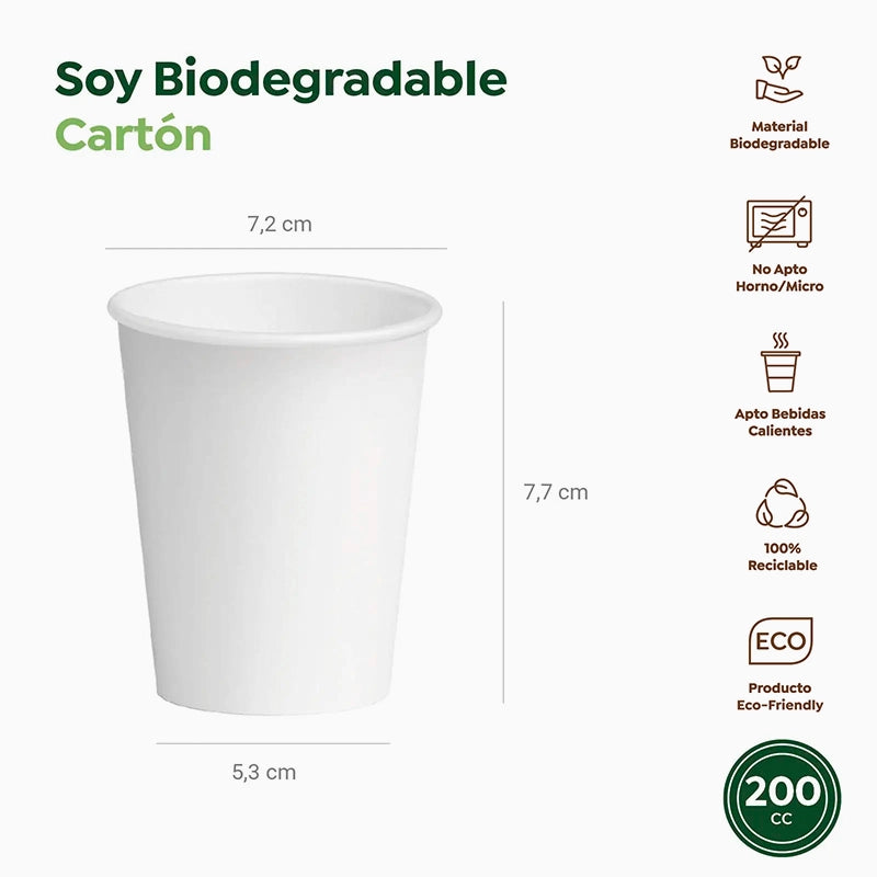 Vaso con Tapa Biodegradable Cartón 200 cc Blanco Take Away 50 Uds