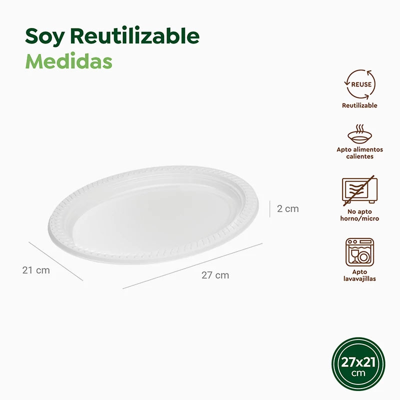 Plato Llano Ovalado Plástico PS Reutilizable 27 x 21 cm Blanco (6 uds)