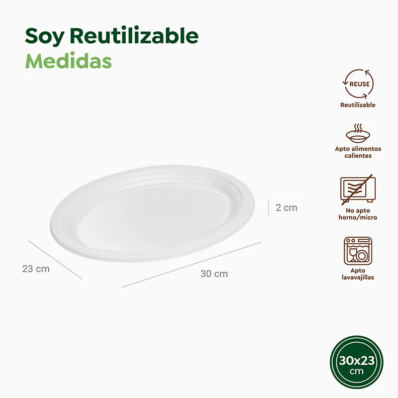 Plato Llano Ovalado Plástico PS Reutilizable 30 x 23 cm Blanco (3 uds)