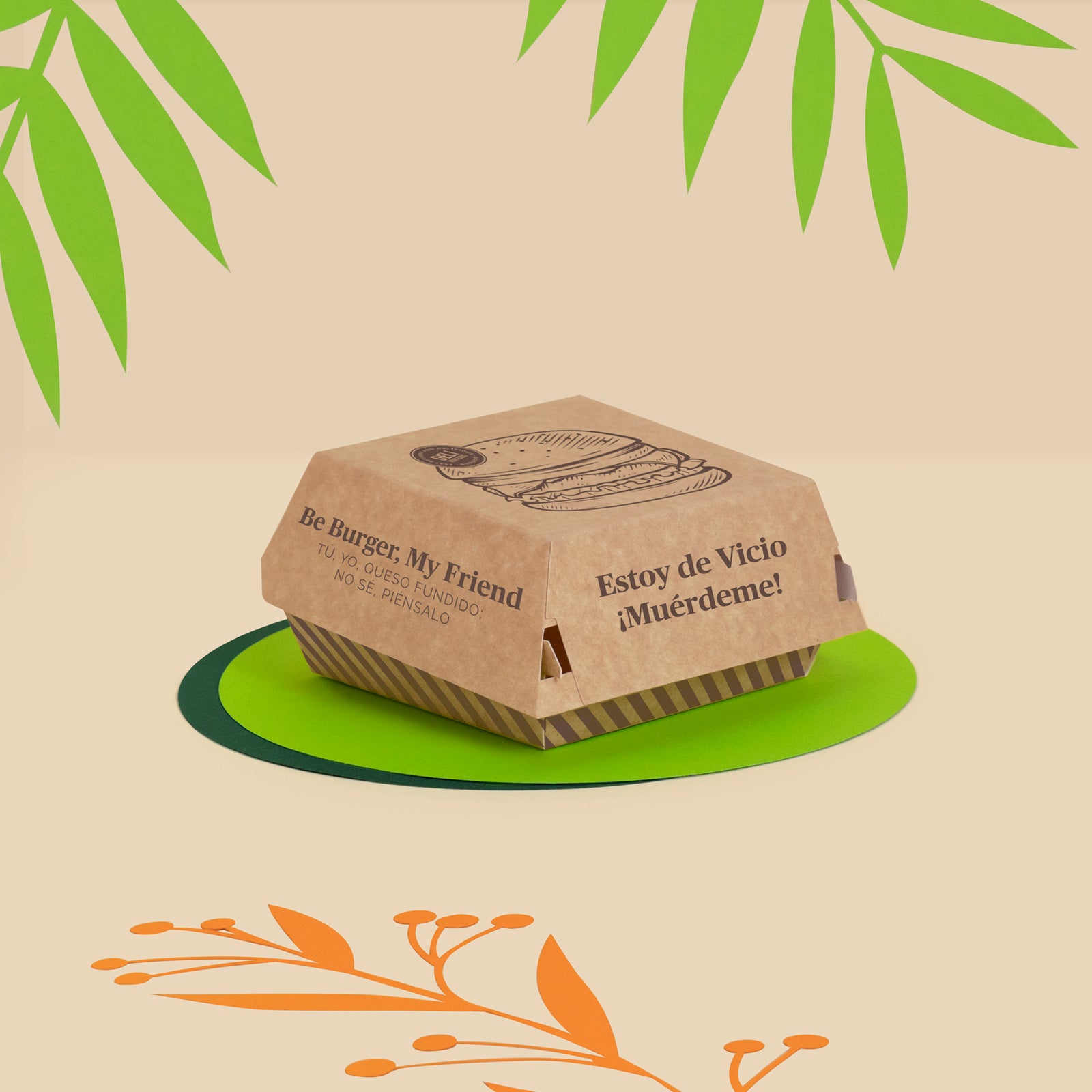 Caja Hamburguesa Cartón Pequeña 10 x 10 x 7 cm Estampada Kraft - Take Away