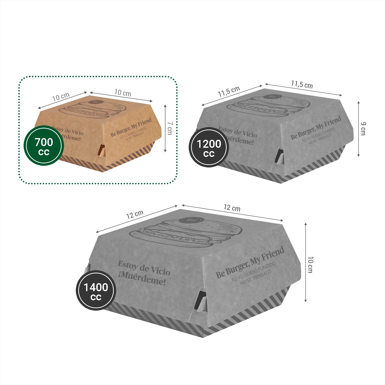 Caja Hamburguesa Cartón Pequeña 10 x 10 x 7 cm Estampada Kraft - Take Away