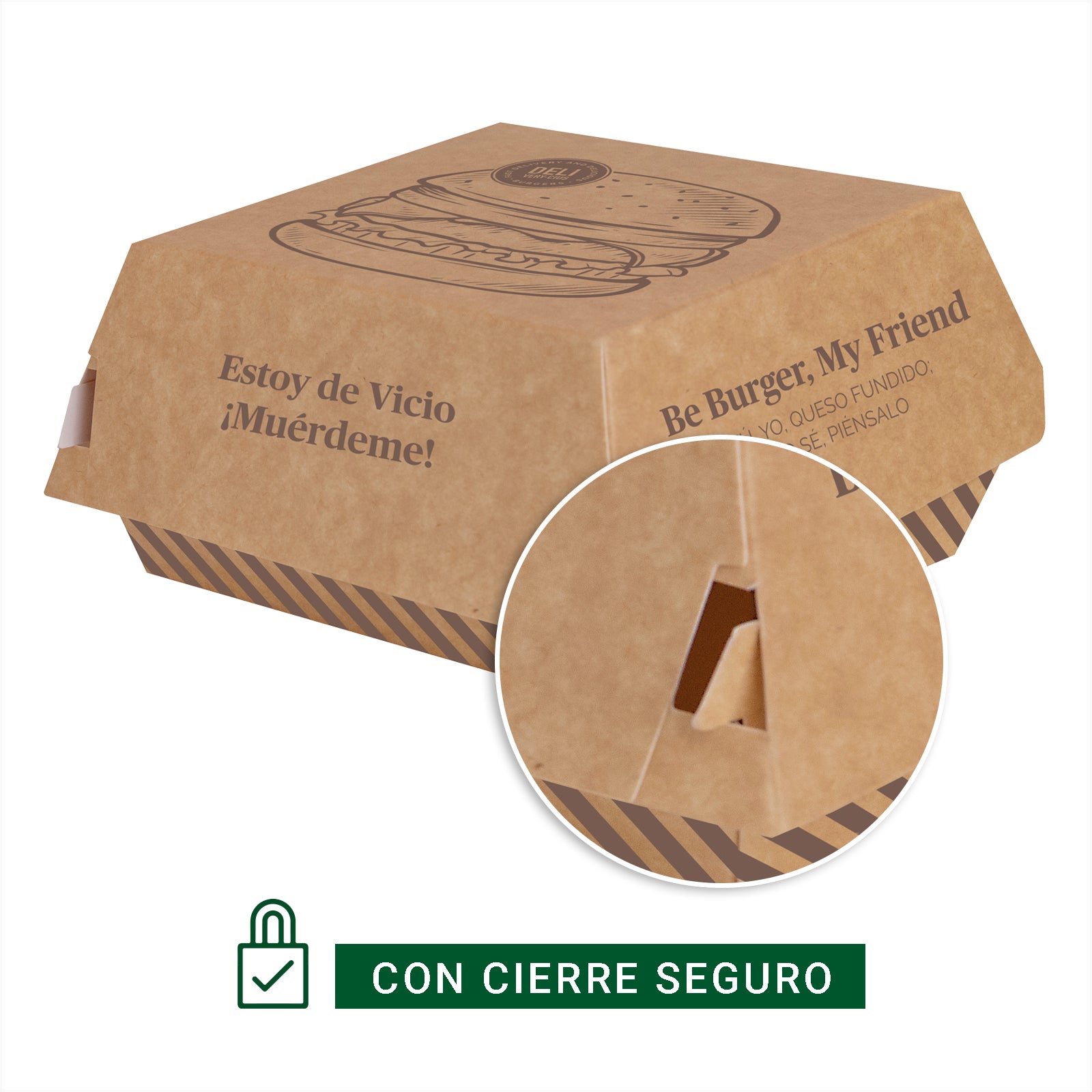 Caja Hamburguesa Cartón Pequeña 10 x 10 x 7 cm Estampada Kraft - Take Away