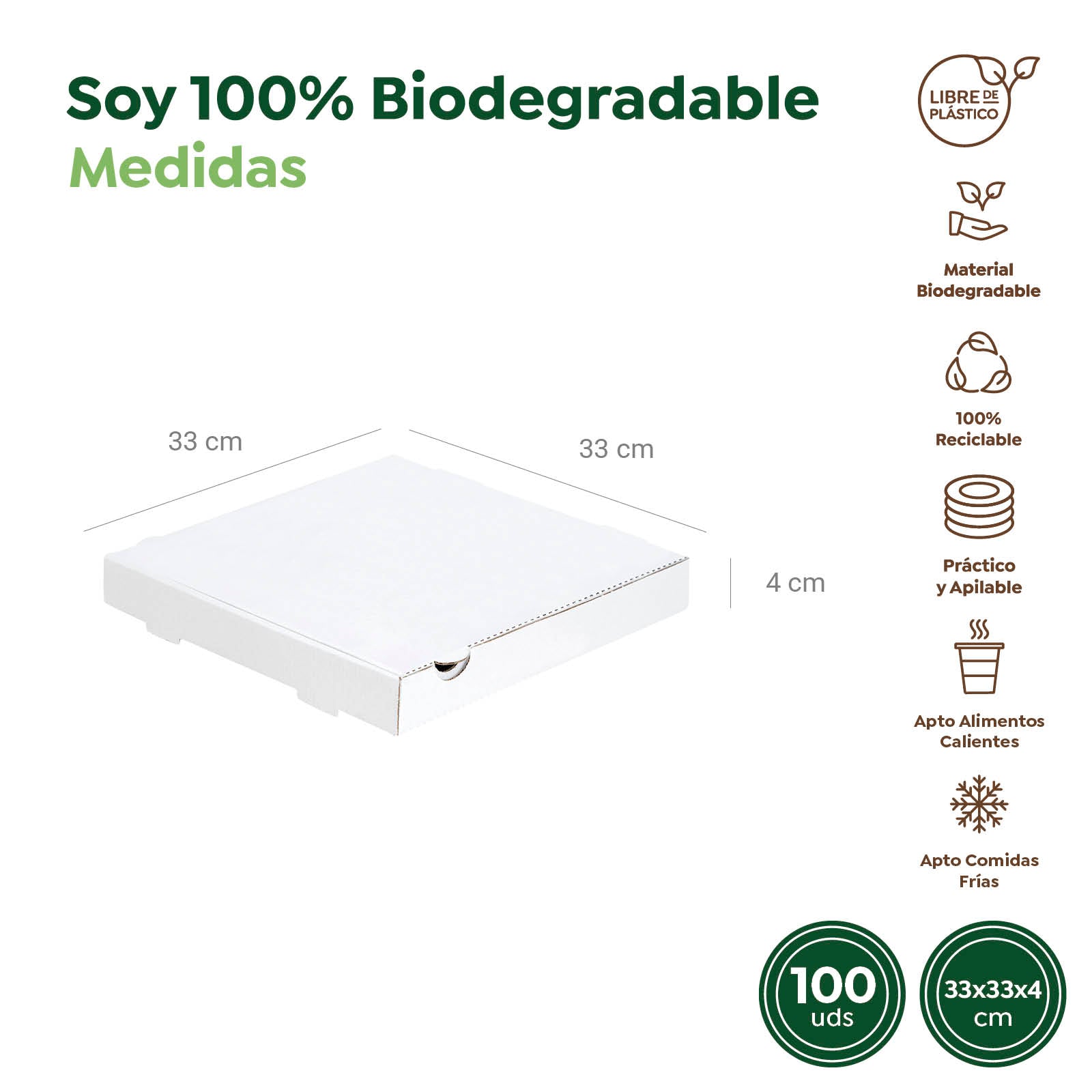 Caja Pizza Cartón Mediana 33 x 33 x 4 cm Blanco - Take Away 100 Uds