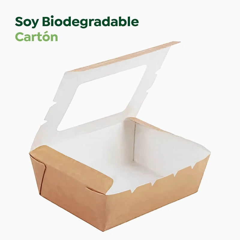 Caja Cartón Kraft con Ventana PLA Mediana 1300 cc - Take Away (300 uds)