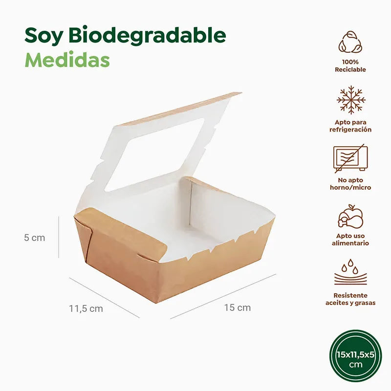Caja Cartón Kraft con Ventana PLA Pequeña 1000 cc - Take Away (50 uds)