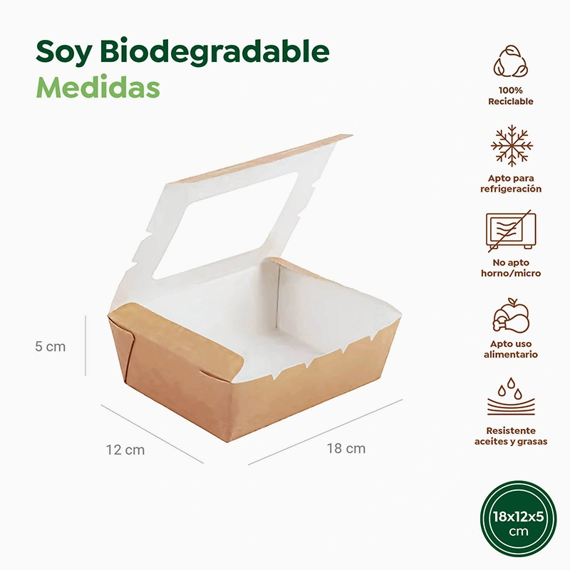 Caja Cartón Kraft con Ventana PLA Mediana 1300 cc - Take Away (300 uds)