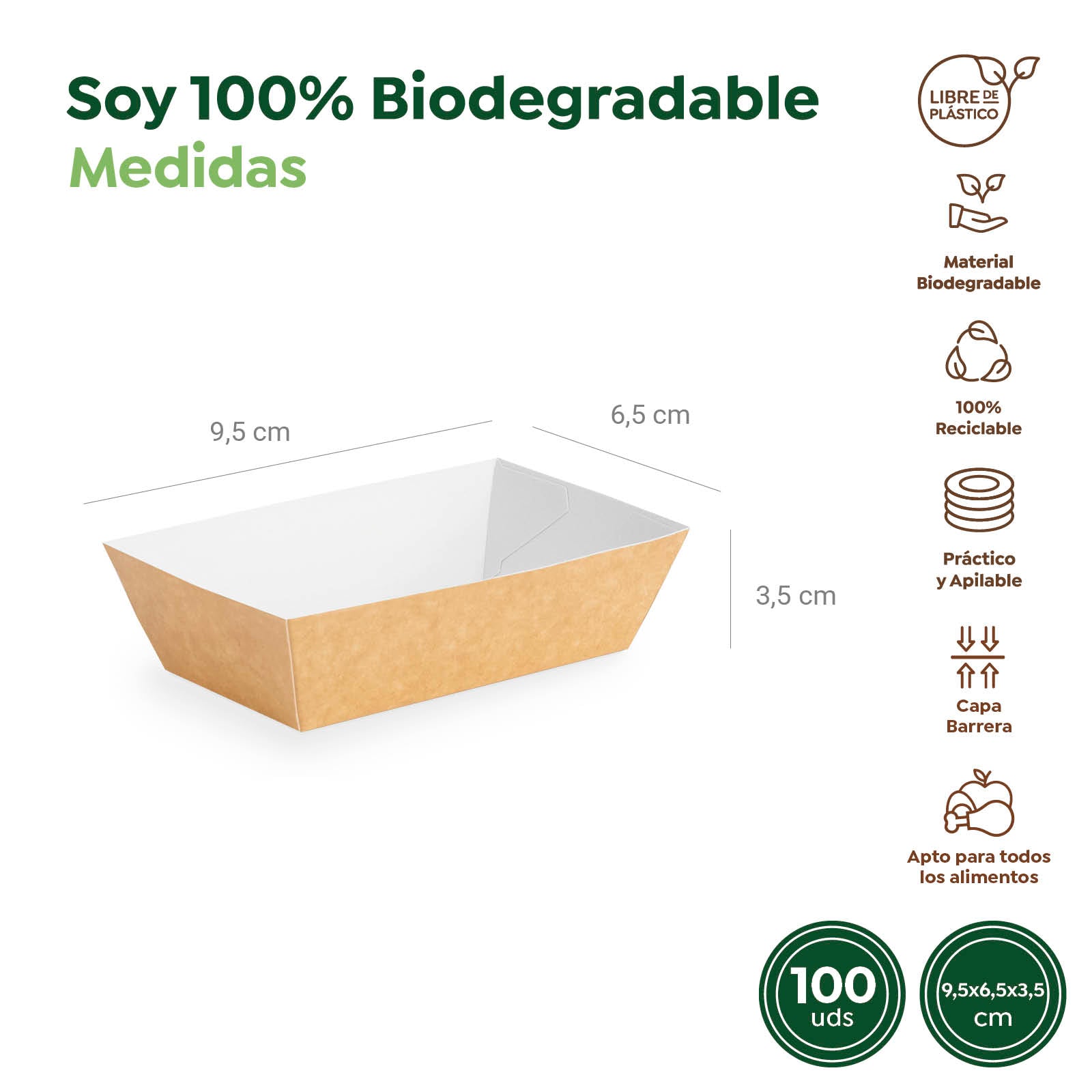 Barqueta Rectangular Cartón Kraft 9.5 x 6.5 x 3.5 cm - Take Away (1000 uds)