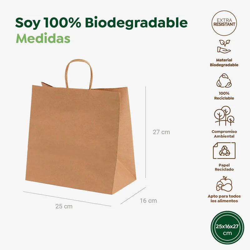 Bolsa Papel Kraft 25 x 16 x 27 cm con Asa Rizada (250 uds)