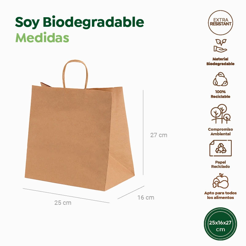 Bolsa Papel Kraft 25 x 16 x 27 cm con Asa Rizada (50 uds)