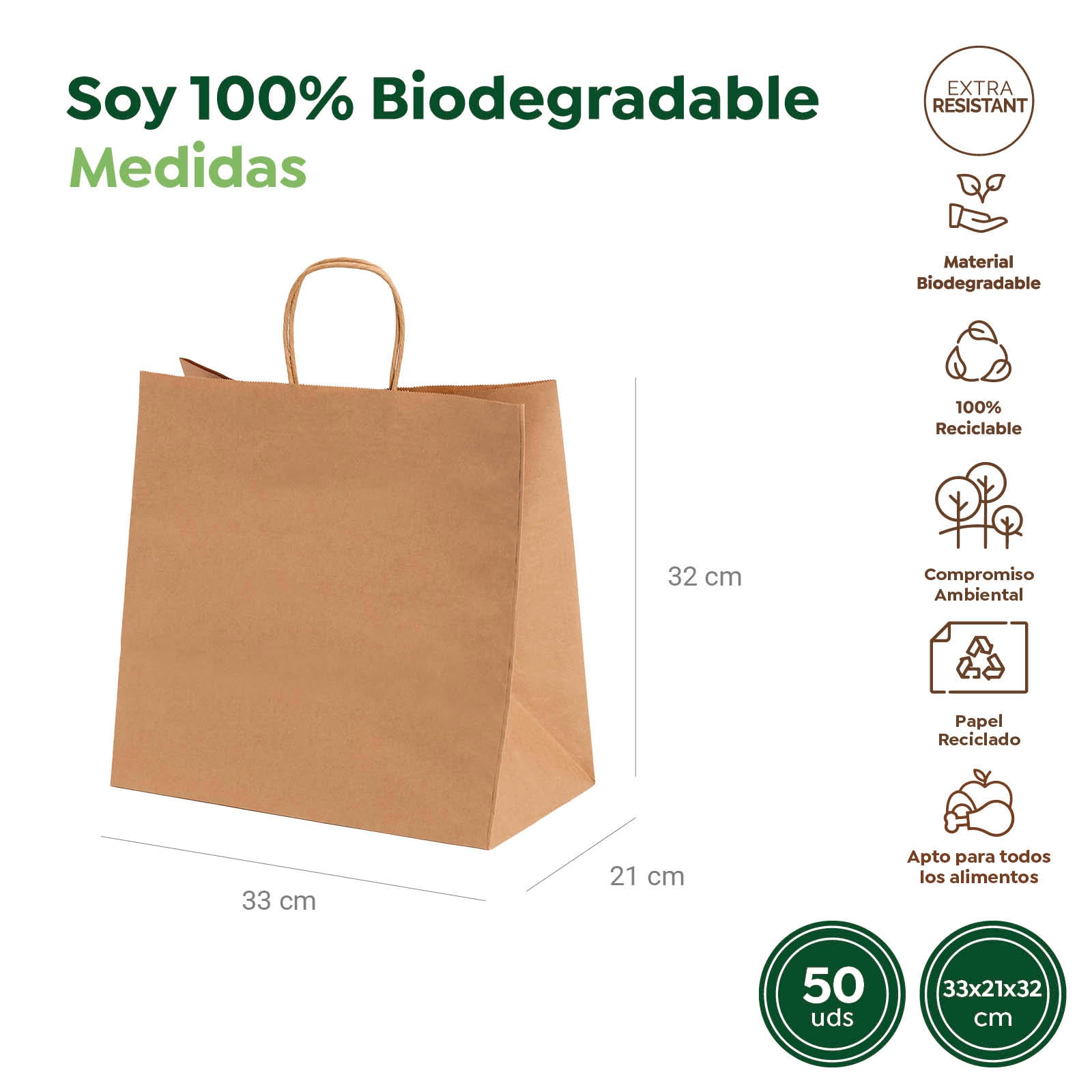 Bolsa Papel Kraft 33 x 21 x 32 cm con Asa Rizada