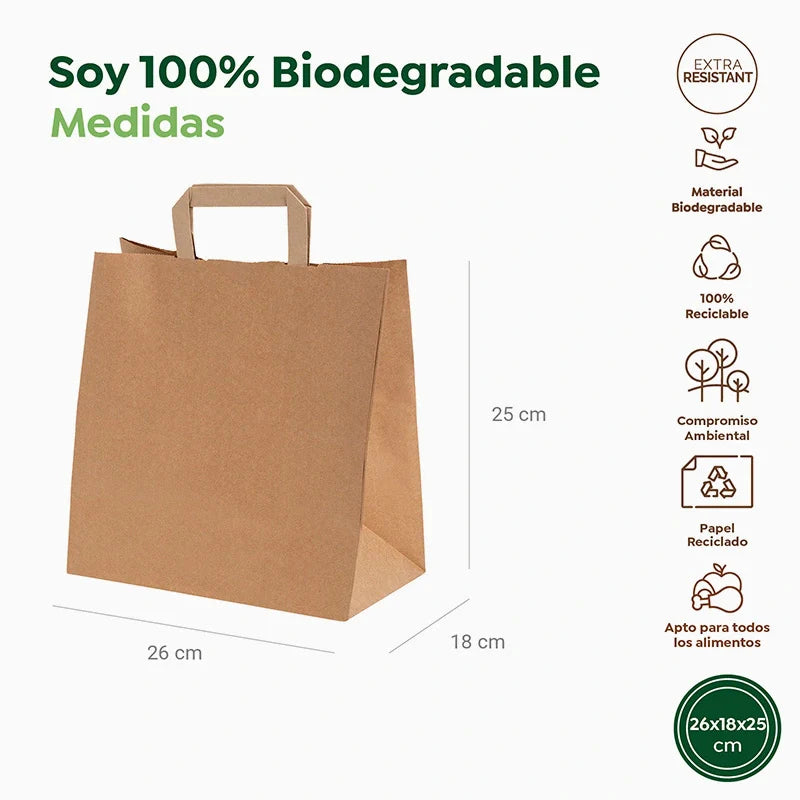 Bolsa Papel Pequeña Kraft 25 x 18 x 26 cm con Asa Plana (250 uds)