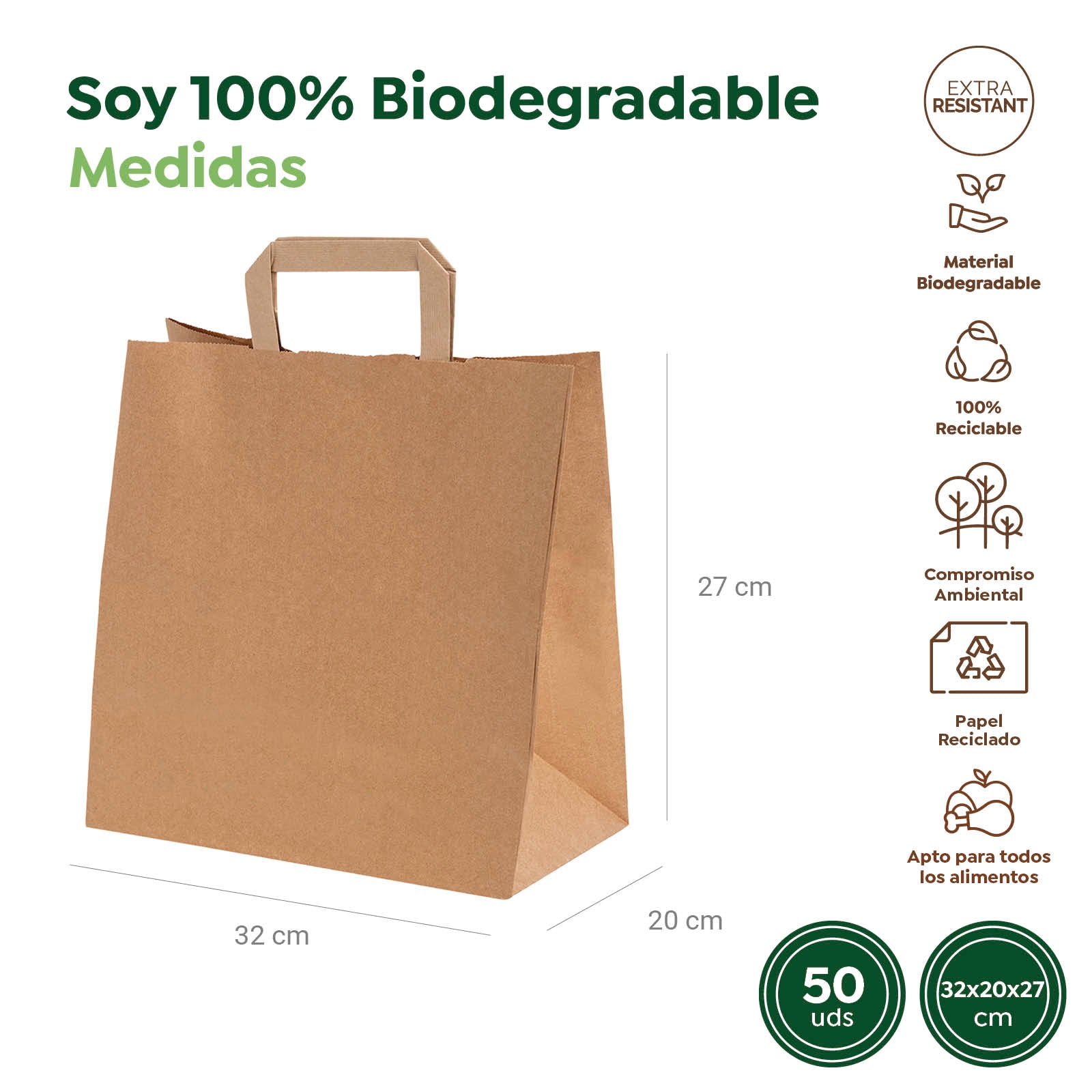 Bolsa Papel Extragrande Kraft 32 x 20 x 27 cm con Asa Plana