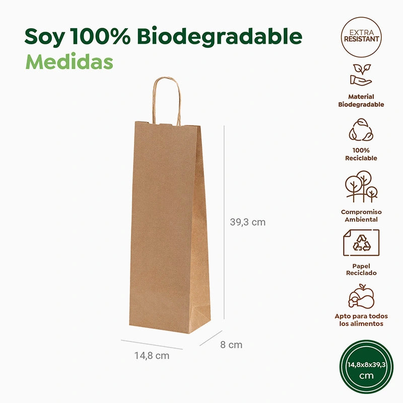 Bolsa Papel Kraft 14.8 x 8 x 39.3 cm con Asa Rizada (250 uds)