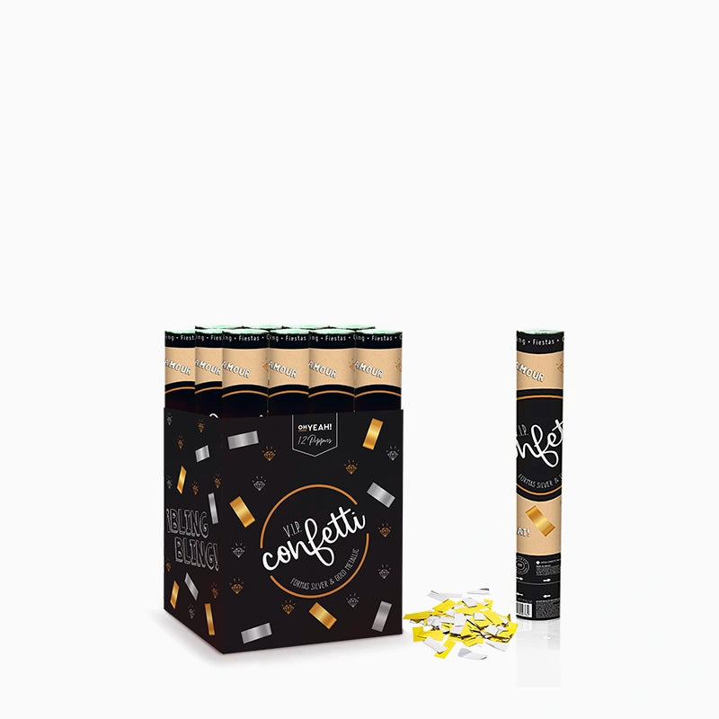 Set 12 Cañones Confeti Cuadrado 30 cm Metalizado Oro y Plata (12 uds)