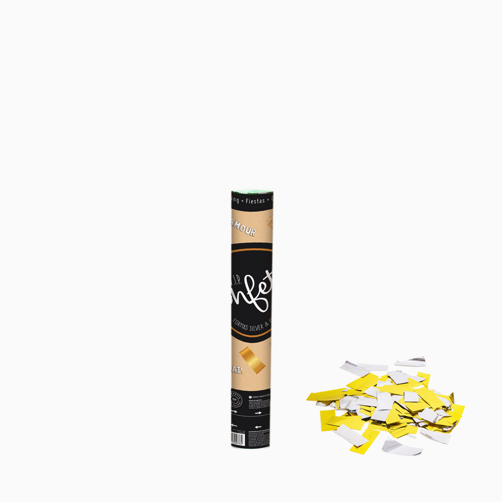 Set 12 Cañones Confeti Cuadrado 30 cm Metalizado Oro y Plata (12 uds)