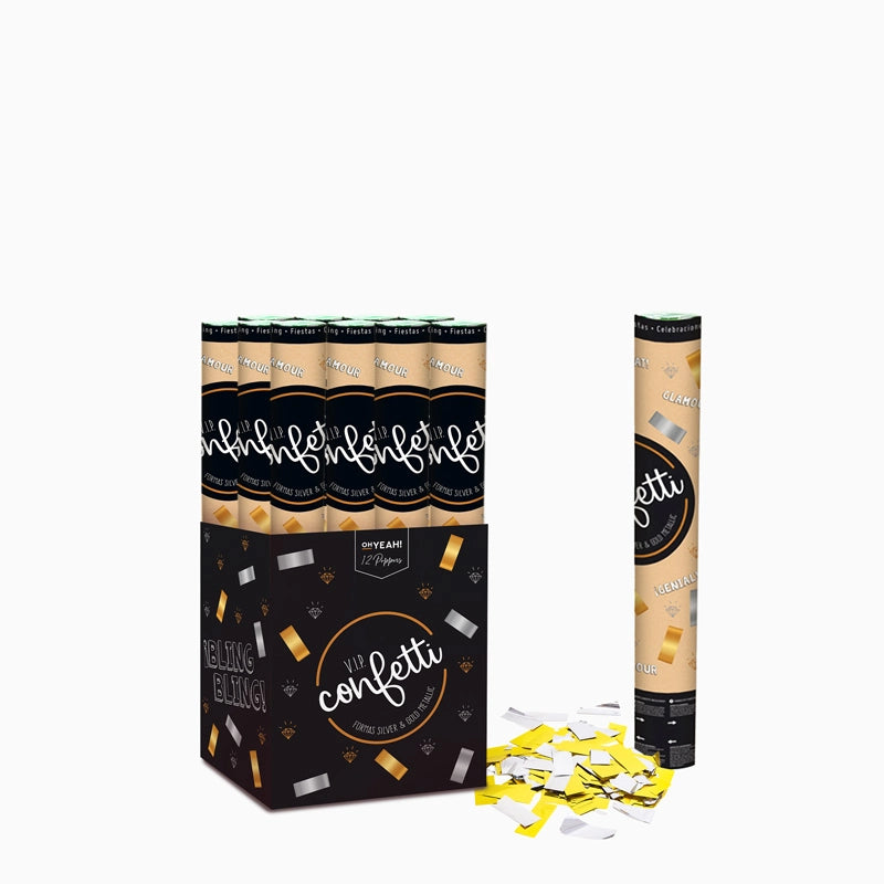 Set 12 Cañones Confeti Cuadrado 40 cm Metalizado Oro y Plata (12 uds)