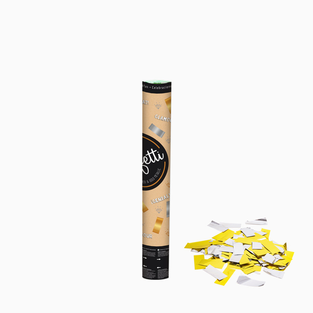 Set 12 Cañones Confeti Cuadrado 40 cm Metalizado Oro y Plata (12 uds)