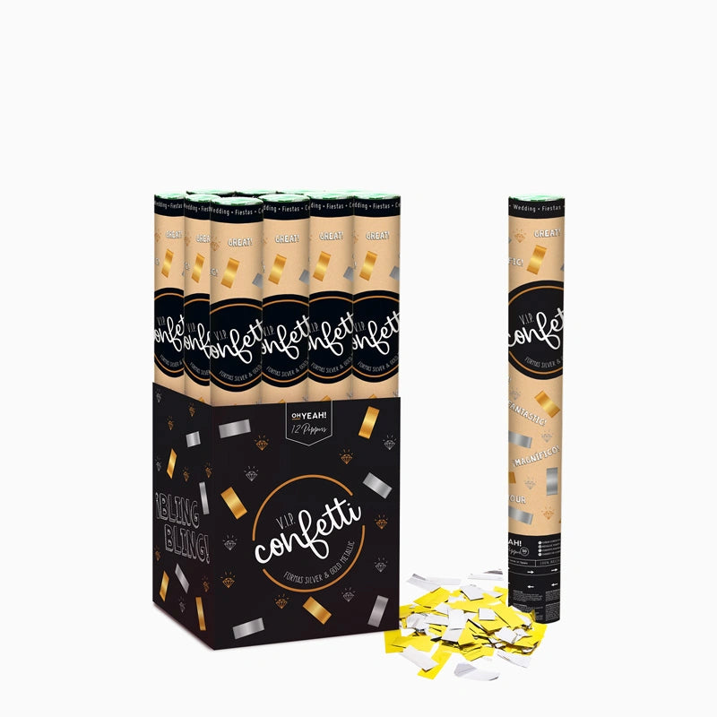Set 12 Cañones Confeti Cuadrado 50 cm Metalizado Oro y Plata (12 uds)