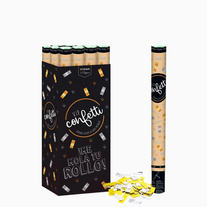Set 12 Cañones Confeti Cuadrado 60 cm Metalizado Oro y Plata (12 uds)