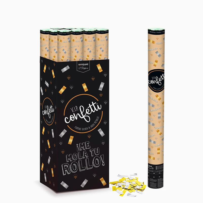 Set 12 Cañones Confeti Cuadrado 80 cm Metalizado Oro y Plata (12 uds)