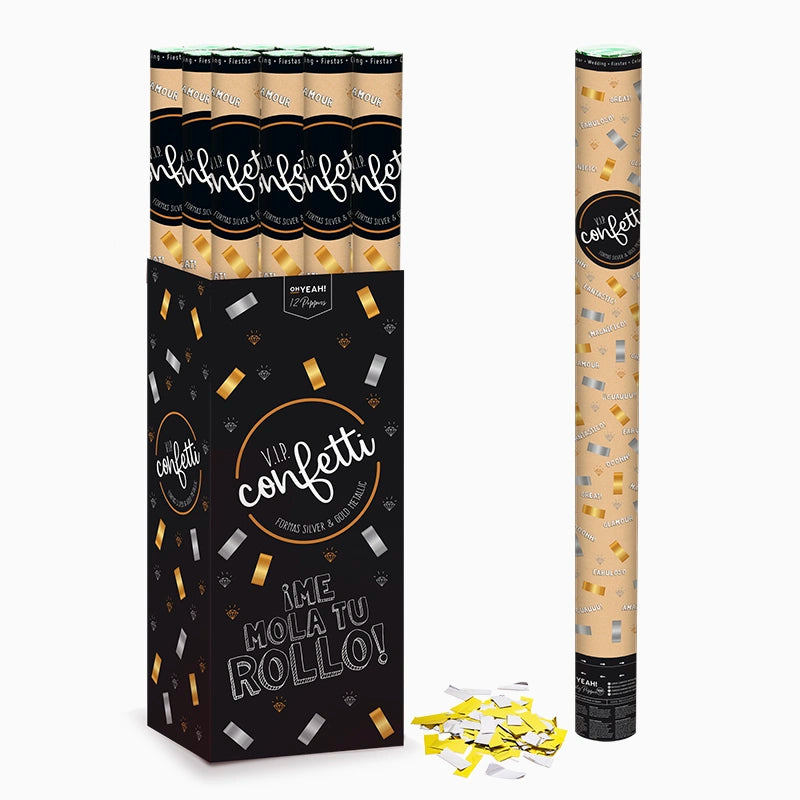 Set 12 Cañones Confeti Cuadrado 100 cm Metalizado Oro y Plata (12 uds)