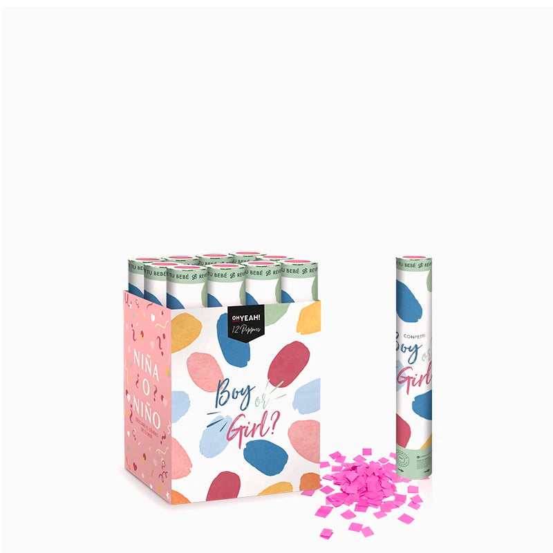 Set 12 Cañones Confeti Cuadrado Biodegradable 30 cm Revelación Género Rosa (12 uds)