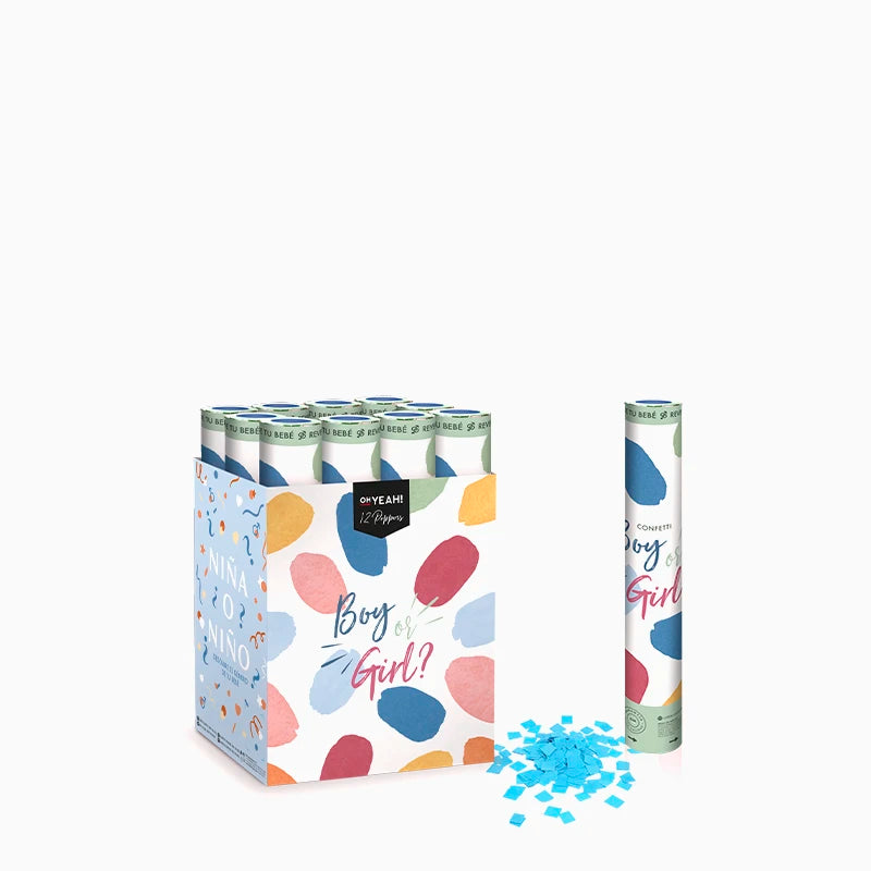 Set 12 Cañones Confeti Cuadrado Biodegradable 30 cm Revelación Género Azul (12 uds)