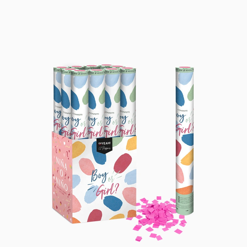 Set 12 Cañones Confeti Cuadrado Biodegradable 50 cm Revelación Género Rosa (12 uds)