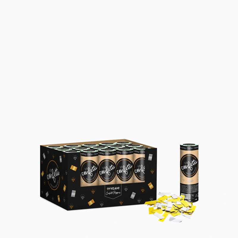 Set 24 Mini Cañones Confeti Cuadrado 15 cm Metalizado Oro y Plata (24 uds)