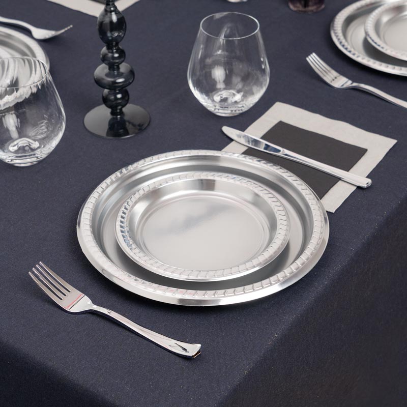 Plato Plástico Reutilizable Llano Redondo Premium Metalizado Ø26cm Plata 6 uds