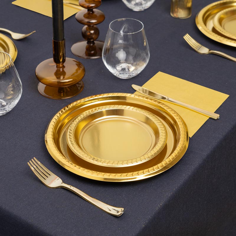 Plato Llano Redondo Plástico PS + PP Reutilizable Premium Metalizado Ø 26 cm Oro (144 uds)