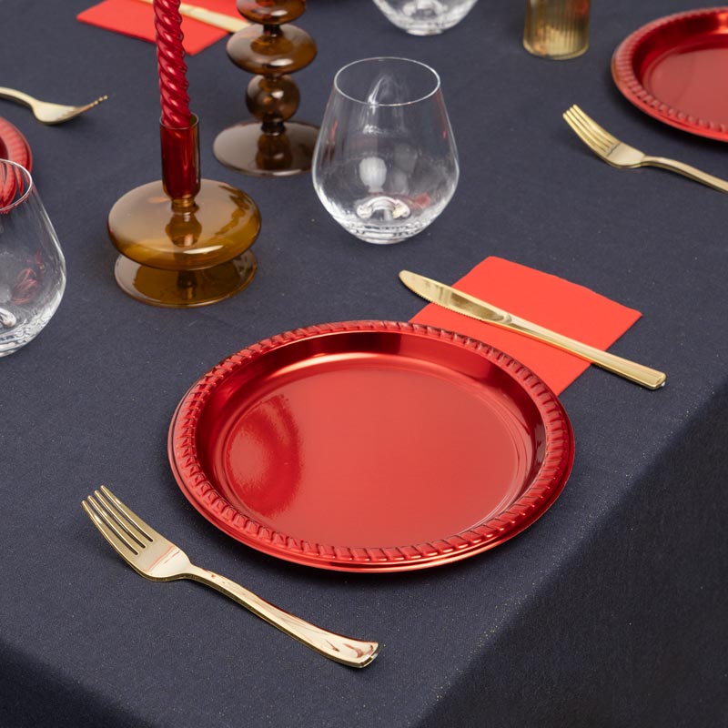 Plato Plástico Reutilizable Llano Redondo Premium Metalizado Ø26cm Rojo 6 uds