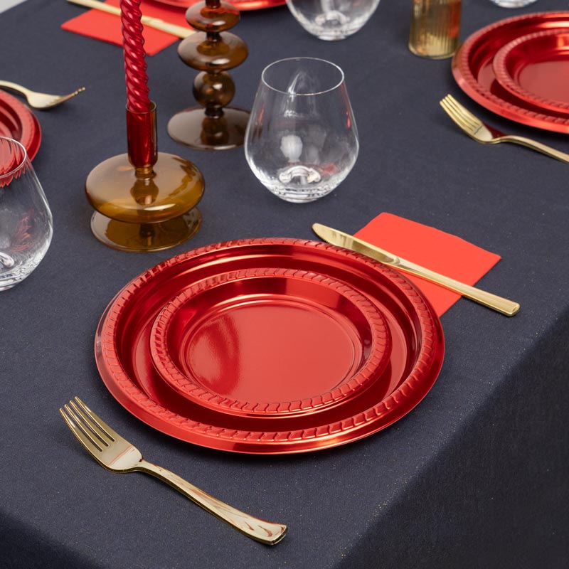 Plato Plástico Reutilizable Llano Redondo Premium Metalizado Ø26cm Rojo 6 uds