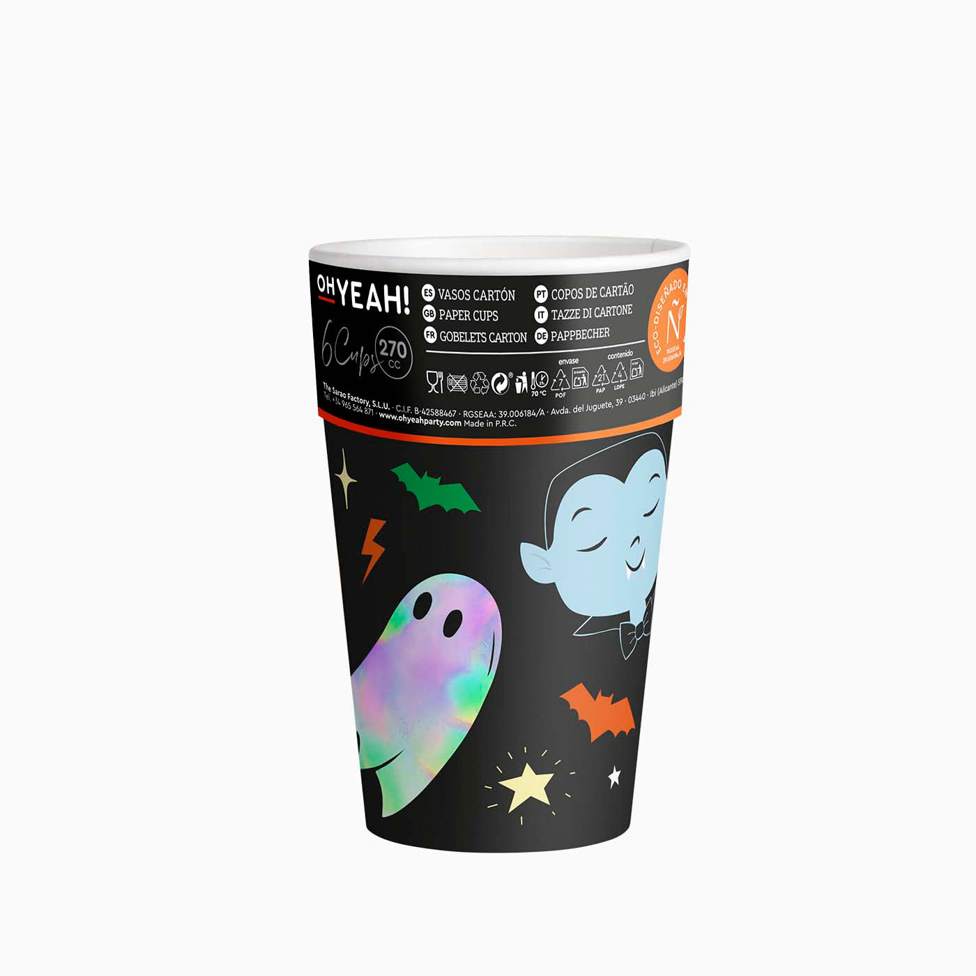 Vaso Cartón Halloween 270cc Truco o Trato 6 uds