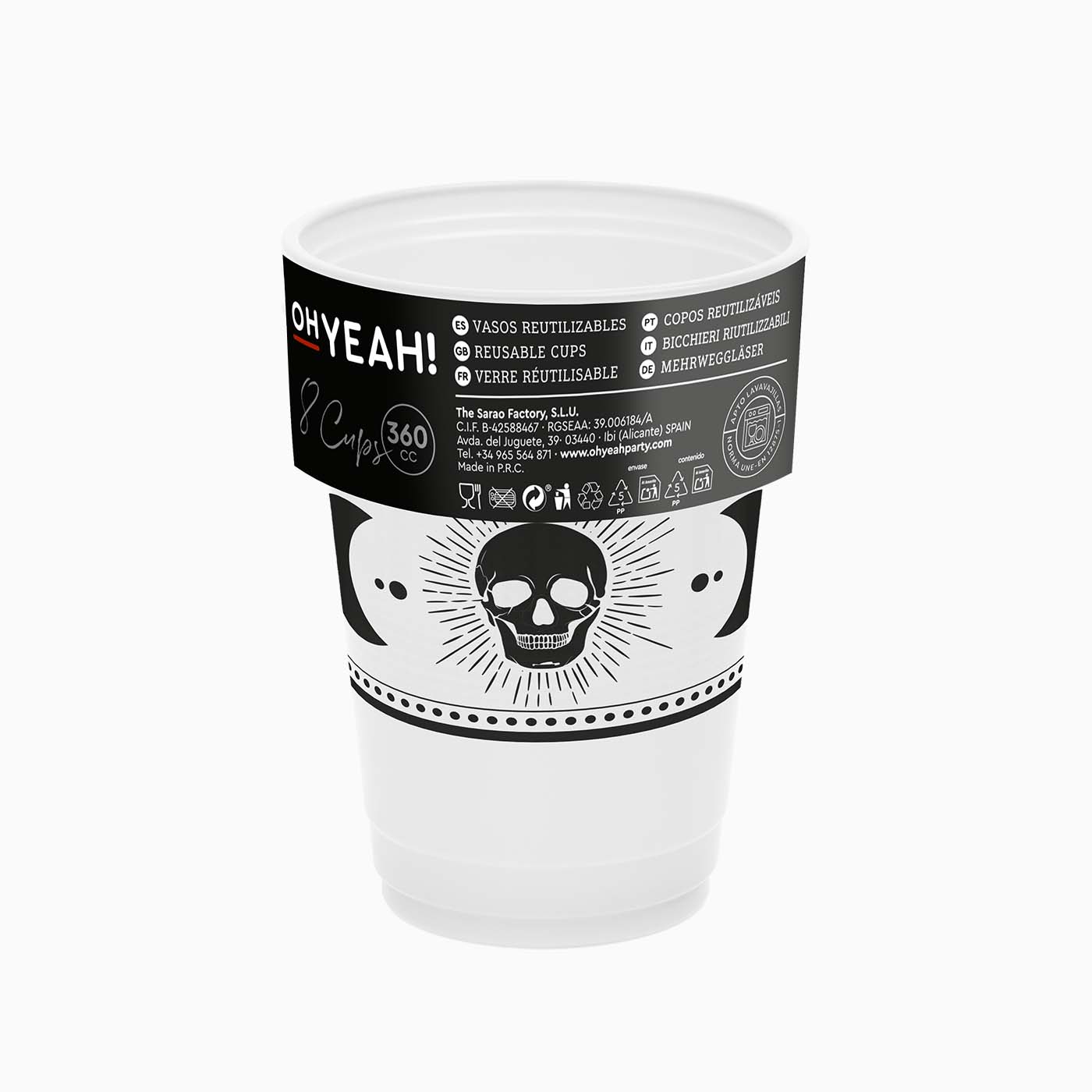 Vaso Premium Plástico Reutilizable PP Halloween 360cc Esotérico Calavera 8 uds
