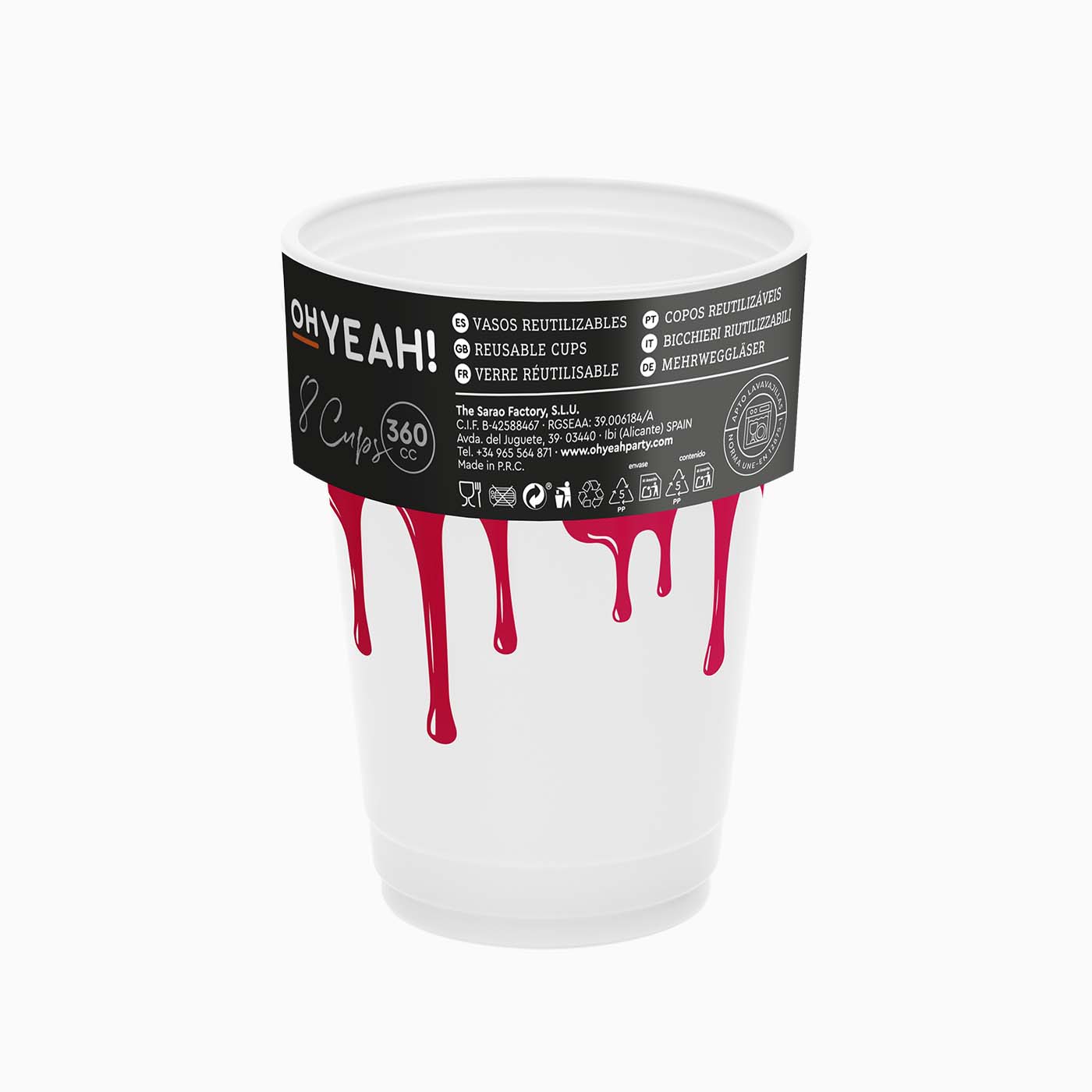 Vaso Premium Plástico Reutilizable PP Halloween 360cc Sangre 8 uds