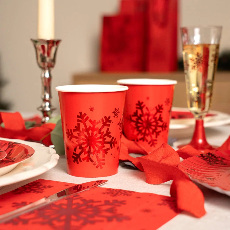 Vaso Cartón Navidad 270 cc Copo de Nieve Rojo Glitter (192 uds)
