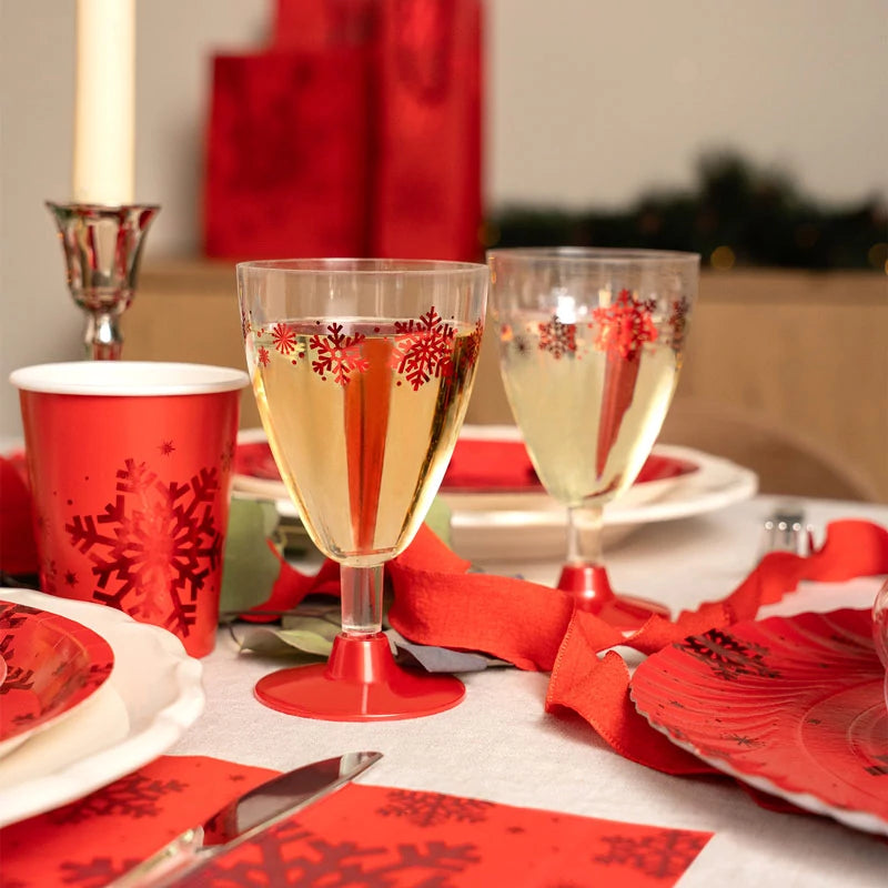 Copa Agua/Vino Plástico PS Reutilizable Navidad 220 cc Copo de Nieve Rojo Glitter (3 uds)