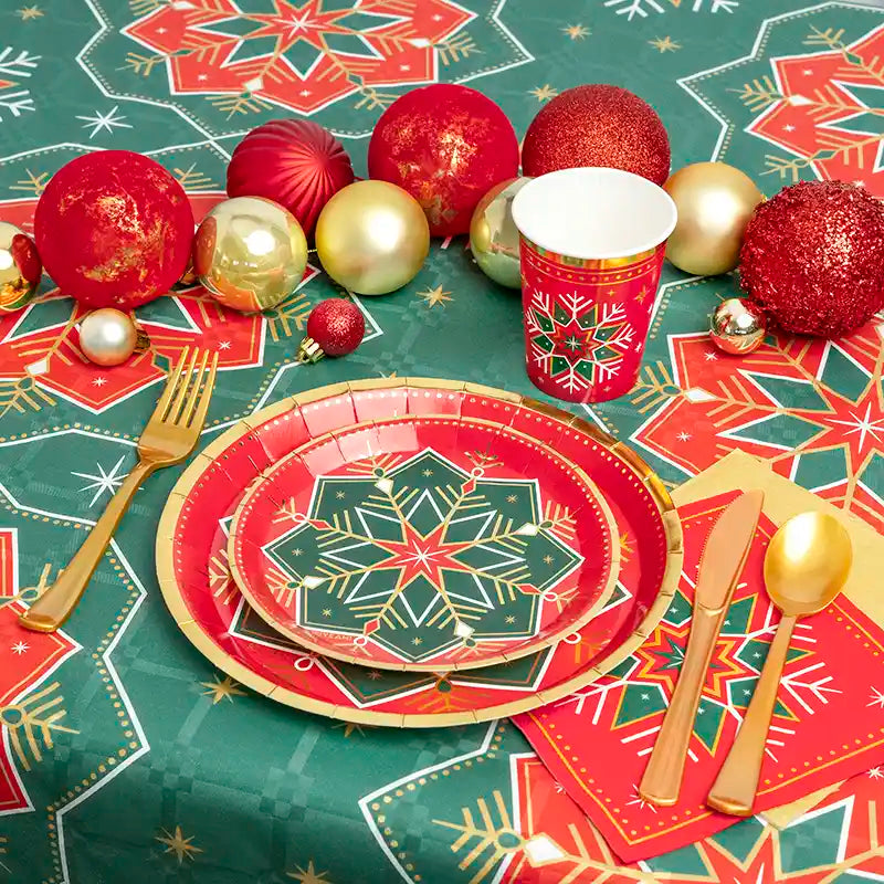 Rollo Mantel Papel Navidad 1.20 x 5 m Copo de Nieve Verde y Rojo