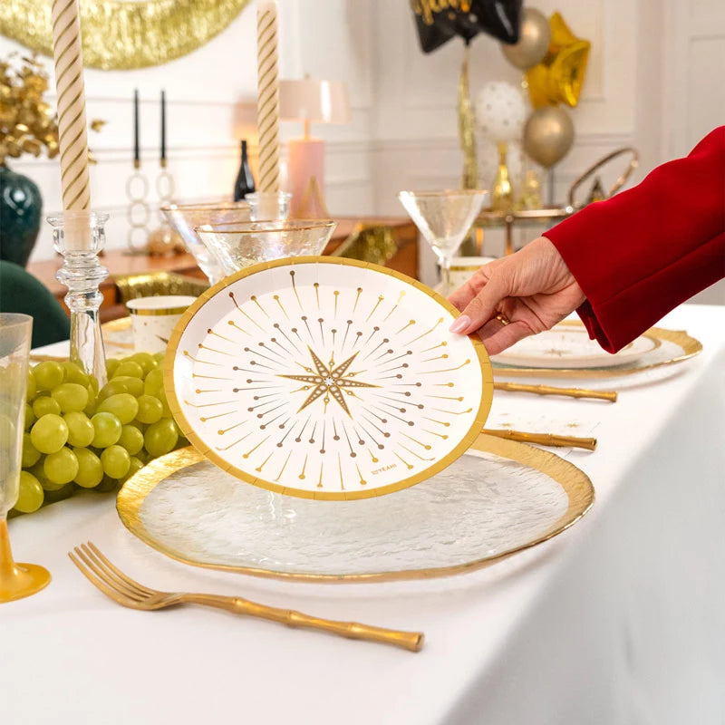 Plato Cartón Llano Redondo Navidad Ø 23 cm Blanco y Dorado (6 uds)