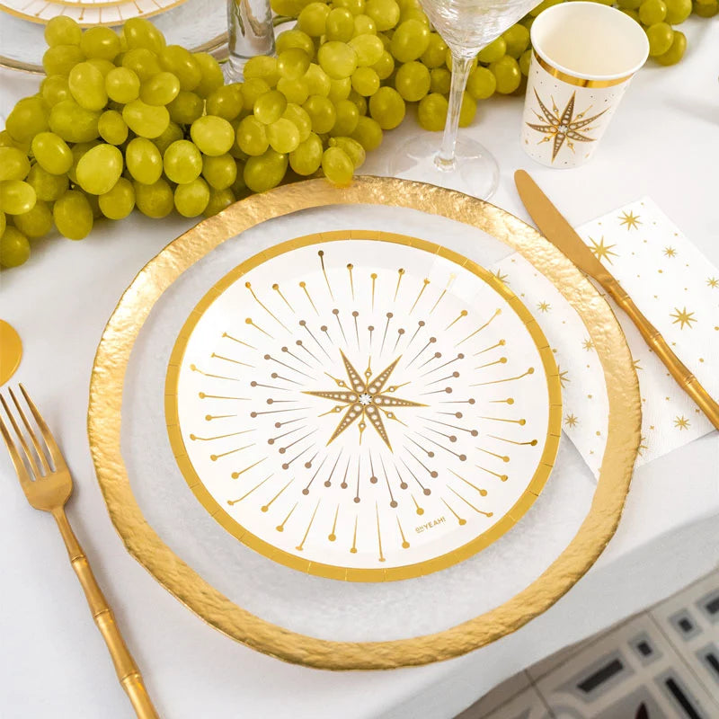 Plato Cartón Llano Redondo Navidad Ø 23 cm Blanco y Dorado (6 uds)