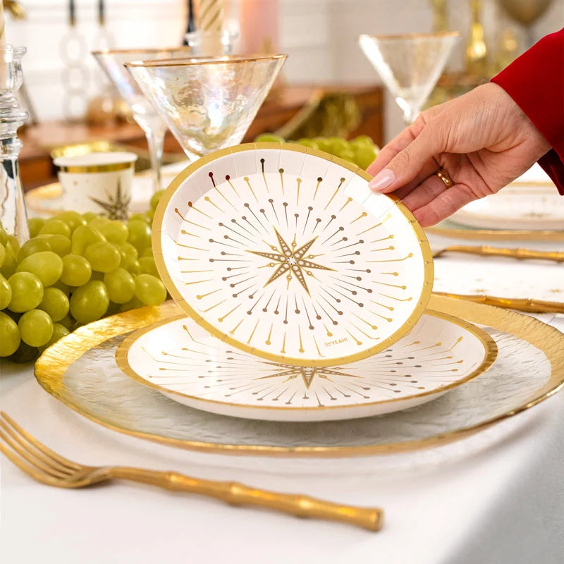 Plato Cartón Llano Redondo Postre Navidad Ø 17 cm Blanco y Dorado (6 uds)