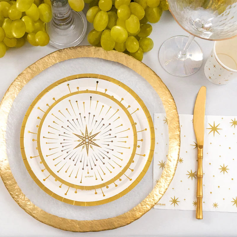 Plato Cartón Llano Redondo Postre Navidad Ø 17 cm Blanco y Dorado (6 uds)