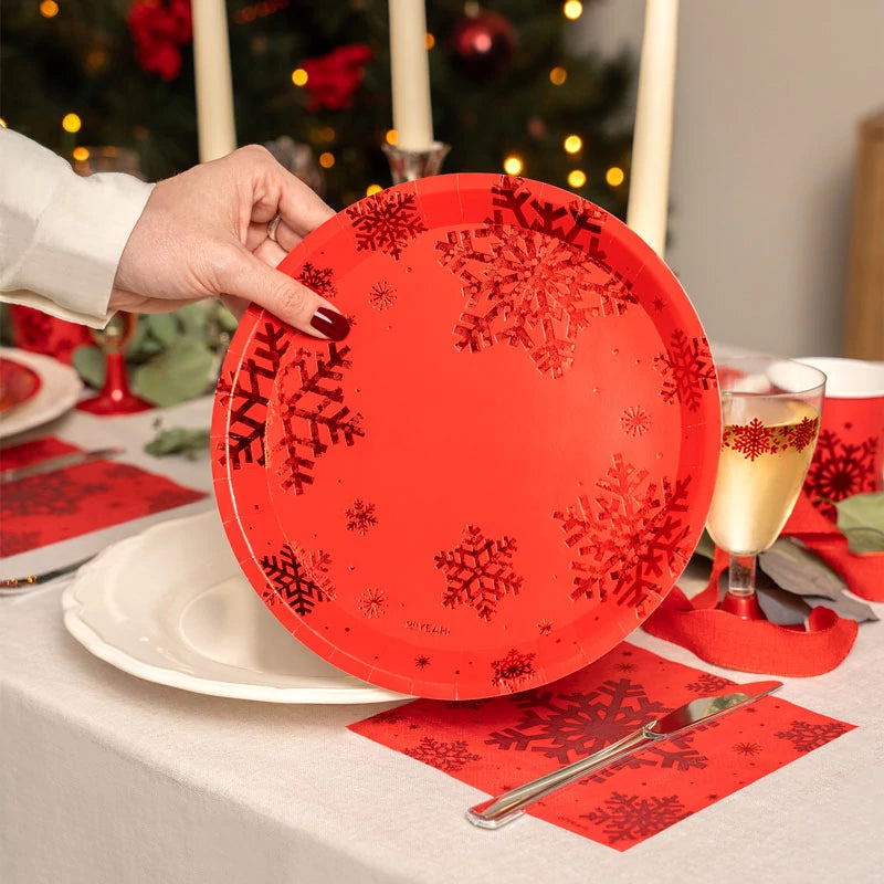 Plato Cartón Llano Navidad Ø 23 cm Copo de Nieve Rojo Glitter (144 uds)