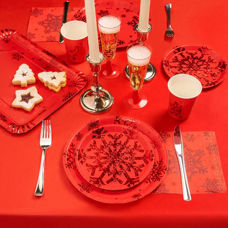 Plato Cartón Llano Postre Navidad Ø 17 cm Copo de Nieve Rojo Glitter (6 uds)