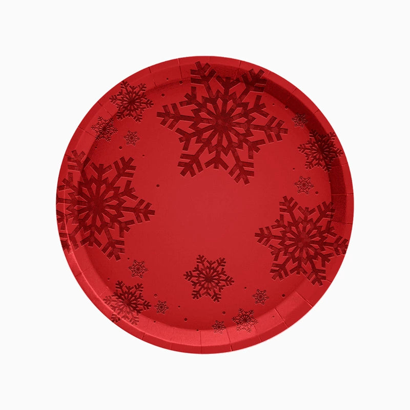 Plato Cartón Llano Navidad Ø 23 cm Copo de Nieve Rojo Glitter (144 uds)