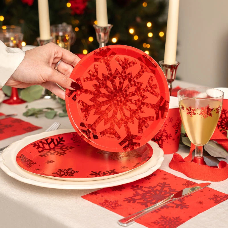 Plato Cartón Llano Postre Navidad Ø 17 cm Copo de Nieve Rojo Glitter (6 uds)
