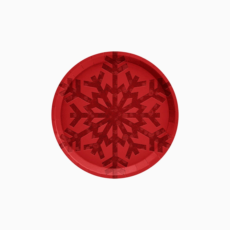 Plato Cartón Llano Postre Navidad Ø 17 cm Copo de Nieve Rojo Glitter (6 uds)