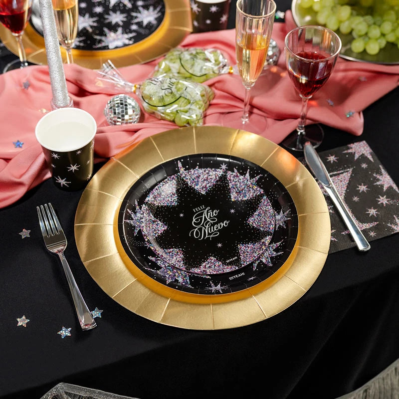 Plato Cartón Llano Postre Navidad Ø 17 cm Estrellas de Nochevieja (6 uds)