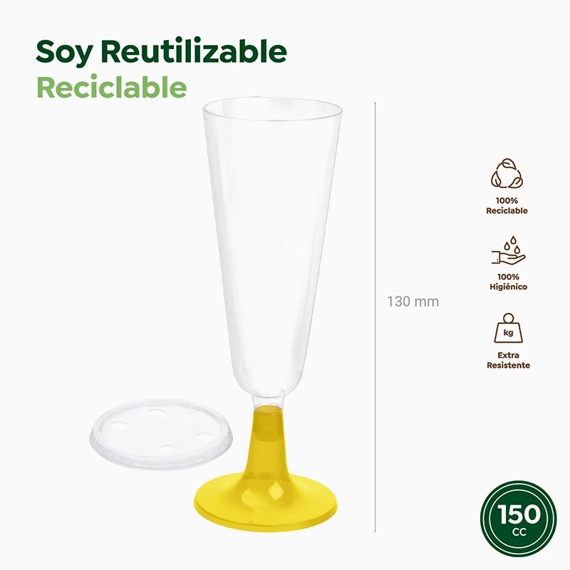Copa Cava Plástico PS Reutilizable con Tapa 150 cc Oro (4 uds)